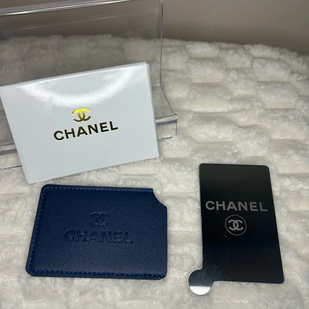 CHANEL Navy Mirror & Card Holder with Embossed Logo